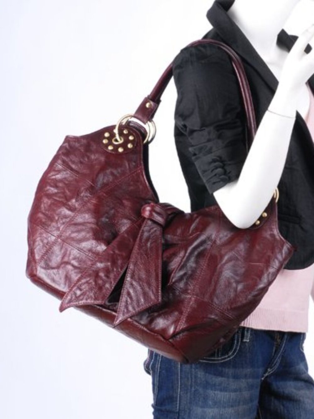 Leather Hobo Handbag - Red Wine - NEW
